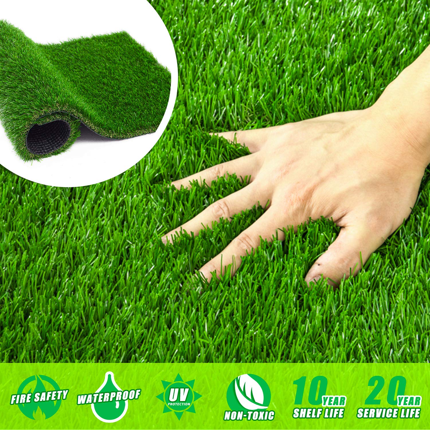 Artificial grass with a hand touching it, showing texture and close-up detail.