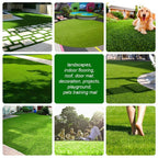 Collage of various applications of artificial grass including a playground, pets training mat, and indoor flooring.