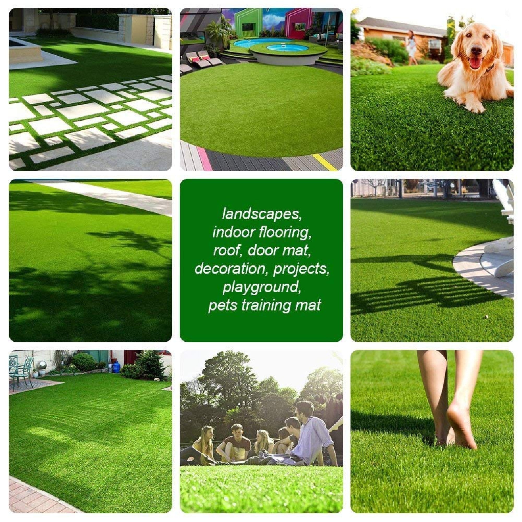 Collage of various applications of artificial grass including a playground, pets training mat, and indoor flooring.