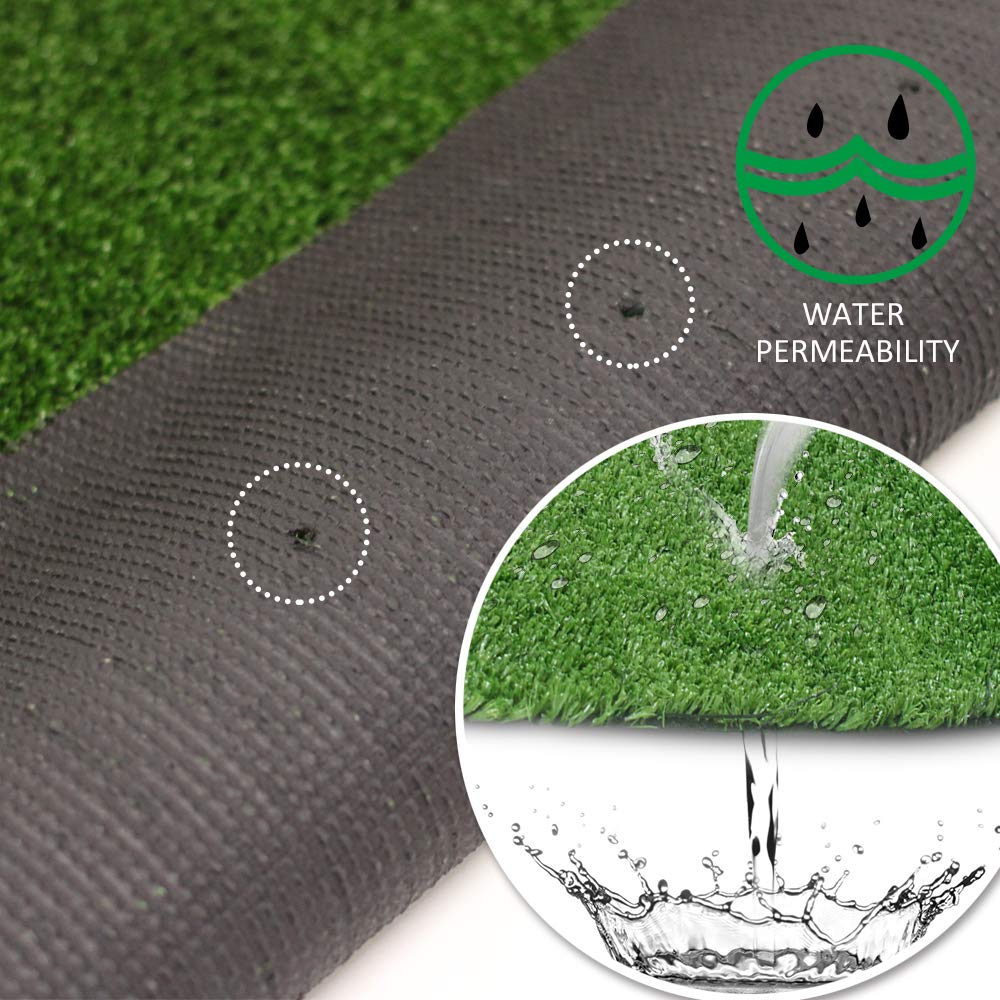 Artificial grass with water permeability feature and close-up of water droplets.