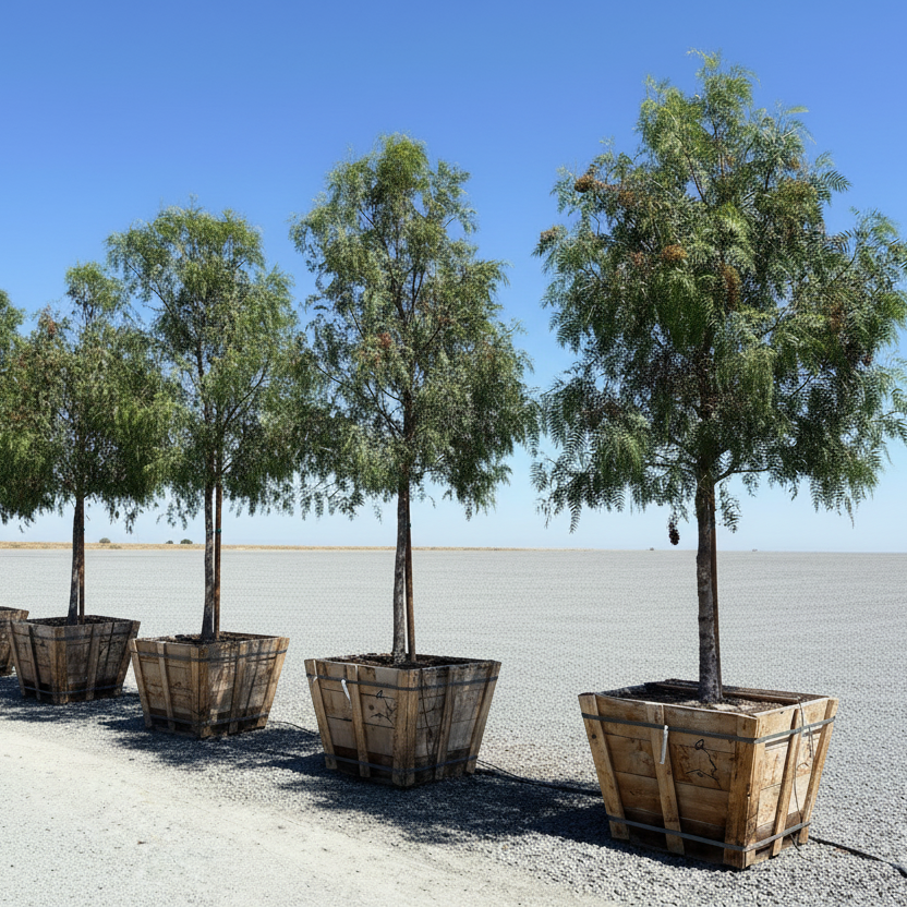 Row of California Pepper Tree in wooden planters on a gravel path with a clear blue sky.