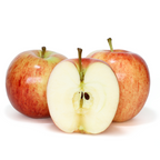 Three  Gala Apple, one of which is cut in half, on a white background