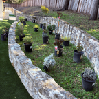 Garden Design Service Potted plants arranged in a circular pattern against a stone wall in a garden setting.