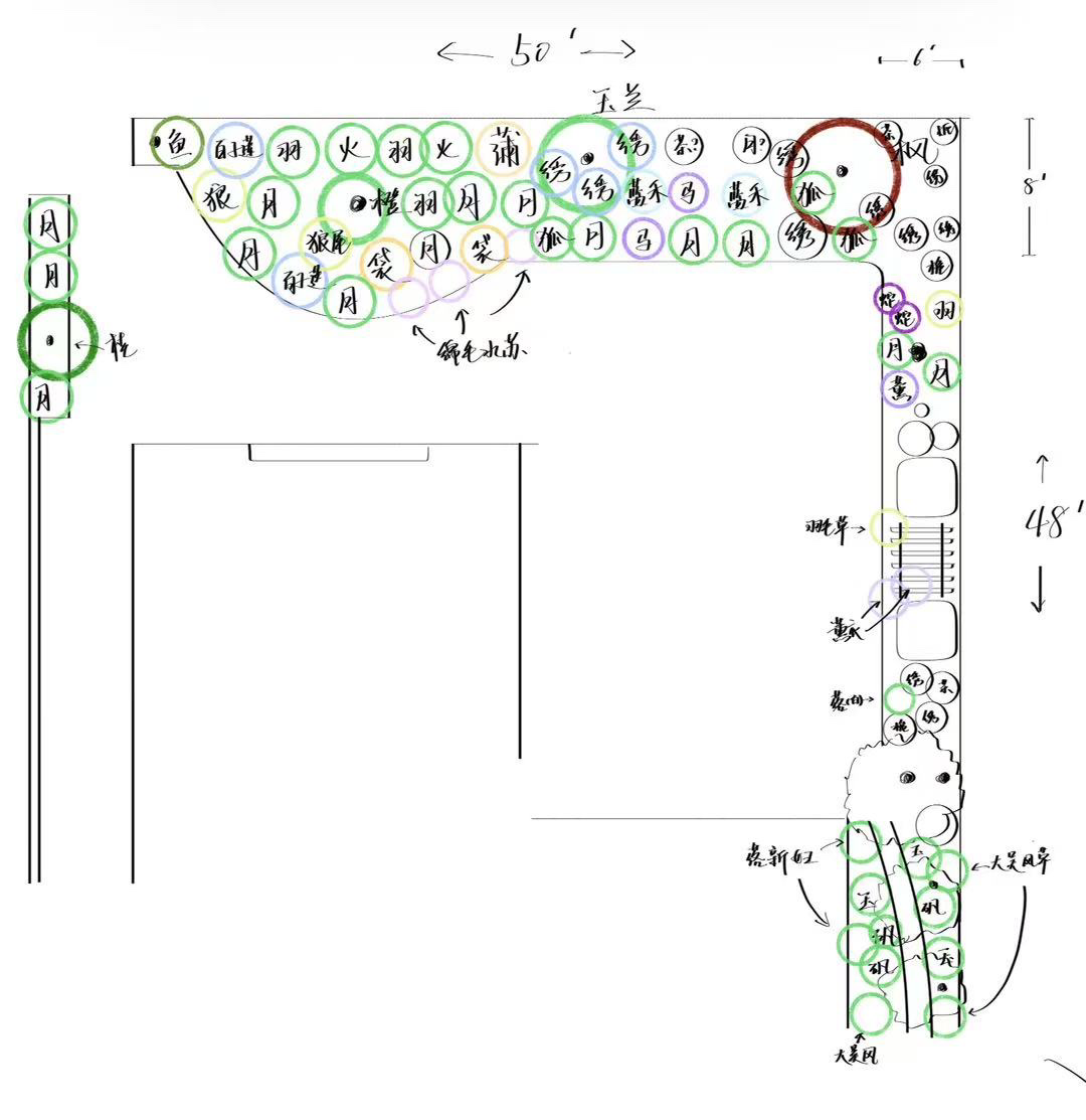 Garden Design Service Hand-drawn layout with annotations and measurements on a white background
