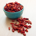 Turquoise bowl filled with red goji berries on a light wooden surface
