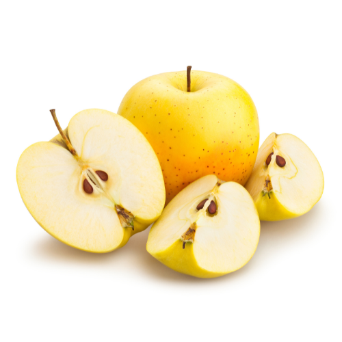 Golden Delicious Apple whole and sliced, on a white background