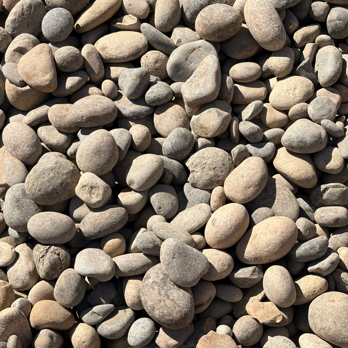 Close-up of a pile of small, rounded stones in various shades of brown and gray.