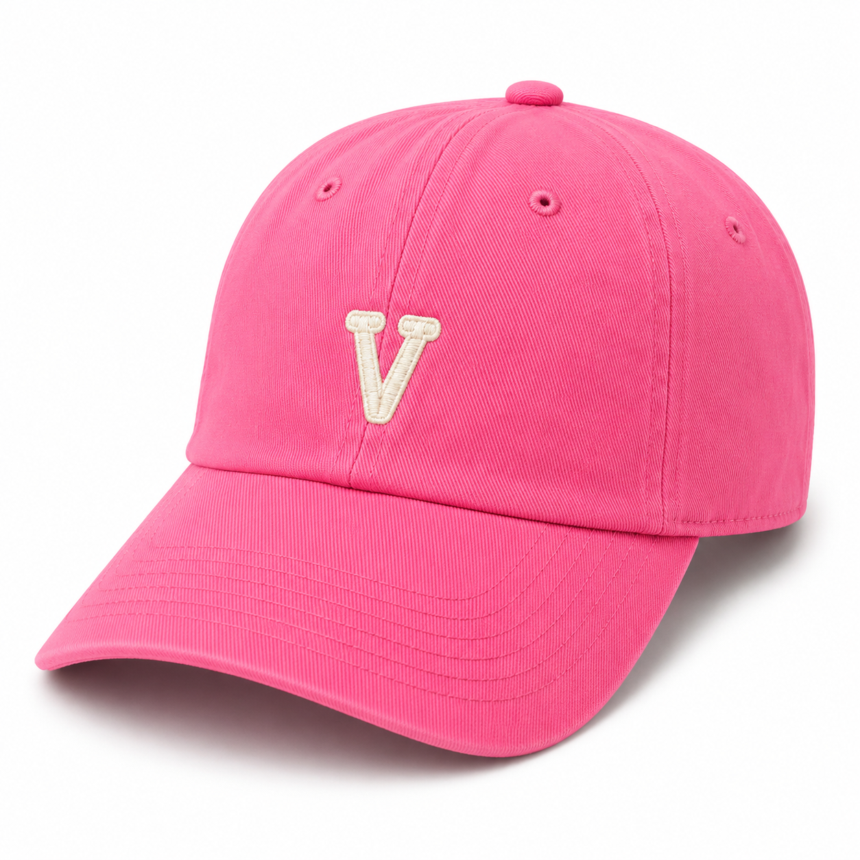 Pink cap with a White V logo, designed as a signature Victory Nursery gift.
