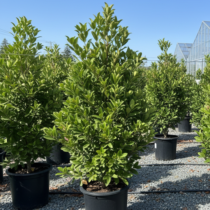 Potted Royal Star Magnolia plants with green leaves on a gravel surface
