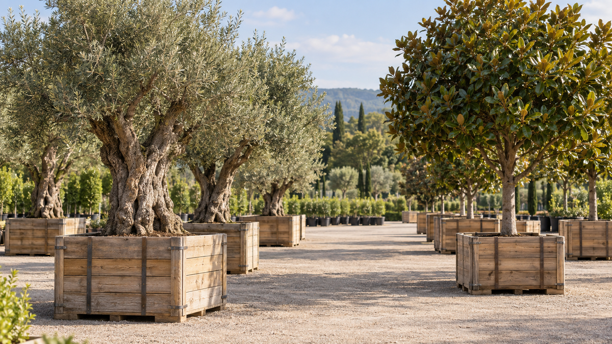 Illustration of mature trees in wooden nursery boxes with open loading access